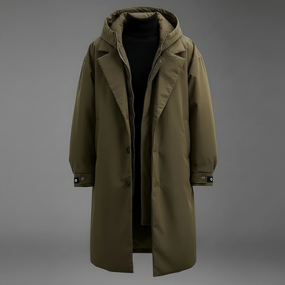 Langer Puffer-Trenchcoat für Herren mit Kapuze | Herrenmantel