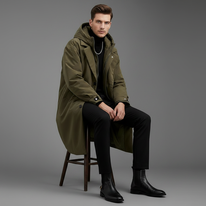Langer Puffer-Trenchcoat für Herren mit Kapuze | Herrenmantel