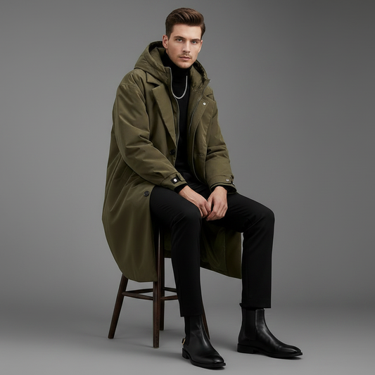 Langer Puffer-Trenchcoat für Herren mit Kapuze | Herrenmantel