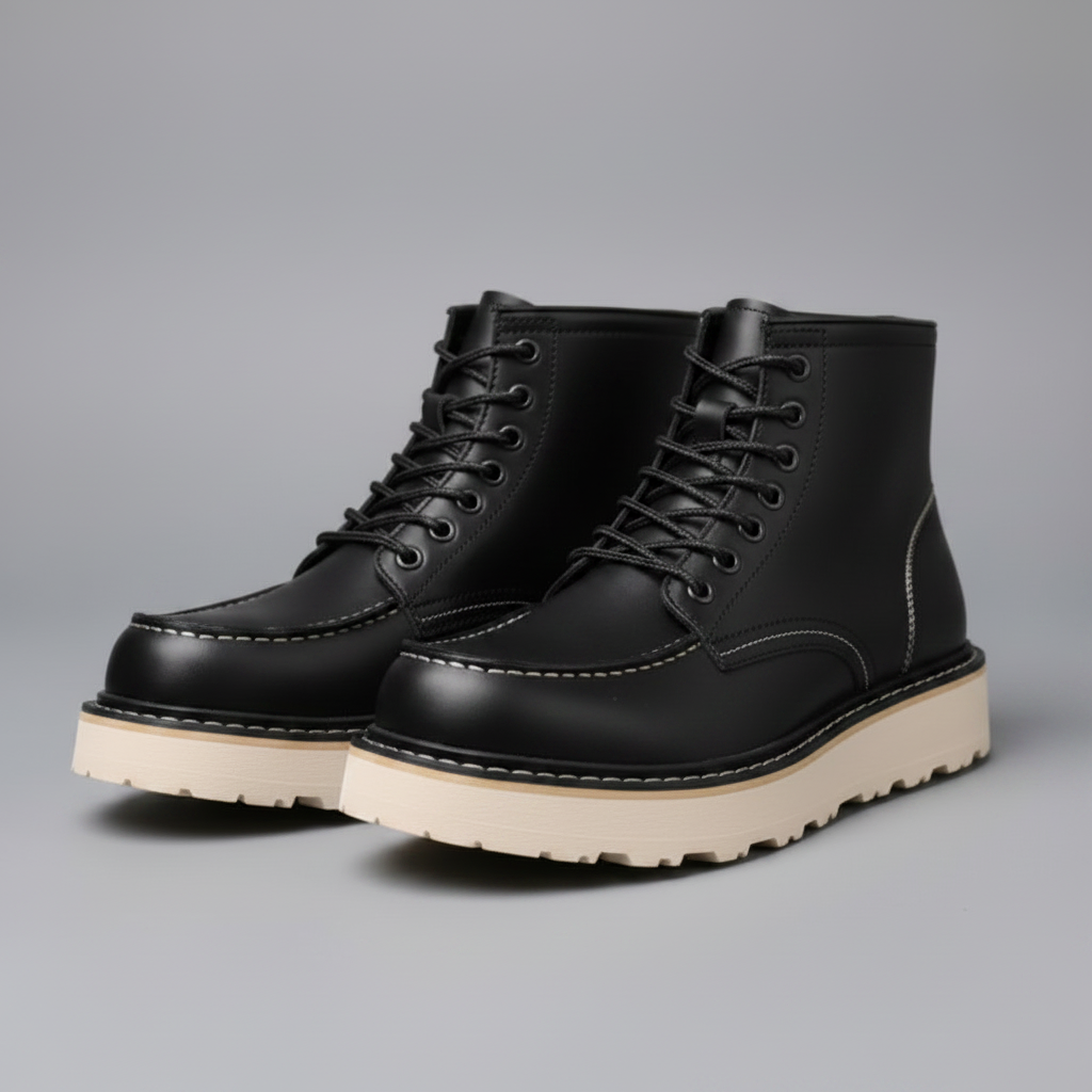 Schwarze Herren Stiefel Leder | Schnürstiefeletten mit Gepolstertem Kragen